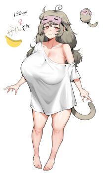 1girl :3 ahoge banana barefoot blush breasts bright_pupils cleavage collarbone eye_mask feet food fruit full_body grey_hair grey_tail half-closed_eyes heart height highres huge_breasts indie_virtual_youtuber long_hair looking_at_viewer low-tied_long_hair mask mask_on_head messy_hair monkey monkey_tail object_behind_ear off_shoulder original oversized_clothes oversized_shirt pen red_eyes saru_(monkey_magic3) saruko_(vtuber) shirt simple_background single_bare_shoulder solo standing swirl t-shirt tail thighs toes translation_request twintails venus_symbol virtual_youtuber white_background white_pupils white_shirt