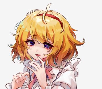 Rule 34 | 1girl, ahoge, alice margatroid, amadare rak, blonde hair, blue eyes, blue hair, bow, bowtie, colored inner hair, commentary request, hair between eyes, hairband, hands up, highres, long sleeves, looking at viewer, multicolored hair, open mouth, pink bow, pink bowtie, puffy long sleeves, puffy sleeves, red hairband, ringed eyes, shirt, short hair, simple background, smile, solo, sweatdrop, tongue, touhou, upper body, wavy hair, white background, white shirt