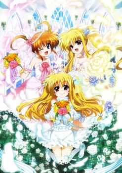 Rule 34 | 3girls, alicia testarossa, alternate costume, blonde hair, blue sky, bouquet, cloud, cloudy sky, couple, dress, fate testarossa, flower, hair ornament, holding hands, happy, interlocked fingers, kawakami shuuichi, lyrical nanoha, mahou shoujo lyrical nanoha, mahou shoujo lyrical nanoha a's, mahou shoujo lyrical nanoha innocent, multiple girls, official art, open mouth, orange hair, purple eyes, red eyes, short twintails, sky, smile, syu1, takamachi nanoha, twintails, wedding, wedding dress, window, yuri