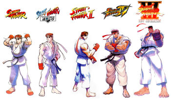 1990s_(style) angry auburn_hair barefoot bengus black_hair brown_hair capcom comparison dougi evolution bad_tag headband karate karate_gi male_focus manly martial_arts muscular official_art red_hair retro_artstyle ryu_(street_fighter) short_hair street_fighter street_fighter_1 street_fighter_ii_(series) street_fighter_iii_(series) street_fighter_iv_(series) street_fighter_zero_(series) tall tan