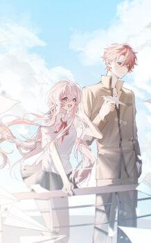 1girl artist_self-insert black_skirt blue_sky blush bow breasts brown_vest cloud couple day emiya_shirou fate/stay_night fate_(series) hair_ornament hair_ribbon heart highres homurabara_academy_school_uniform long_hair long_sleeves looking_at_another momomiya_shizuku_(gaoyue_jixiang) neck_ribbon oc_x_canon open_mouth orange_hair original outdoors paper pastels pink_eyes pink_hair raglan_sleeves red_hair red_ribbon ribbon school_uniform shirt skirt sky smile twintails vest