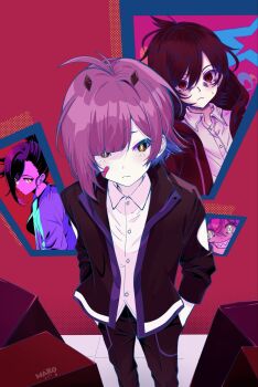 1boy antenna_hair black_jacket black_pants closed_mouth commentary commentary_request cowboy_shot english_commentary hands_in_pockets highres indie_virtual_youtuber jacket kurimako looking_at_viewer male_focus mixed-language_commentary open_clothes open_jacket pants parted_bangs picture_frame portrait_(object) purple_hair red_eyes shirt short_hair solo standing virtual_youtuber white_shirt yellow_pupils yozora_mako