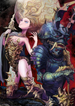 Rule 34 | 1boy, 1girl, aqua eyes, armor, armored boots, armpit crease, armpits, black armor, blonde hair, bodice, boots, bracelet, breasts, cape, cleavage, commentary request, cross-shaped pupils, curly hair, dagger, deka-nabe, extra eyes, extra mouth, fangs, fangs out, fingernails, full armor, gold armor, gold bracelet, grey cape, helmet, highres, holding, holding dagger, holding knife, holding weapon, japanese armor, jewelry, kabuto (helmet), knife, leaning back, leaning on weapon, long hair, looking at viewer, looking down, metal pasties, mole, nipple jewelry, original, red eyes, rock, sharp fingernails, sharp teeth, shoulder armor, side cape, small breasts, smirk, sword, symbol-shaped pupils, teeth, two-tone armor, very long hair, weapon