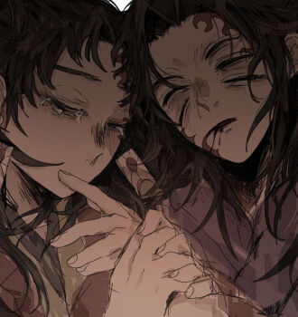 2boys blood blood_from_mouth brown_hair closed_eyes earrings extra_eyes fingernails hanafuda_earrings haori highres japanese_clothes jewelry kimetsu_no_yaiba kimono kokushibou long_hair male_focus multiple_boys parted_lips purple_kimono red_haori spiked_hair tsugikuni_yoriichi upper_body white_background yakitorisan09 yellow_kimono