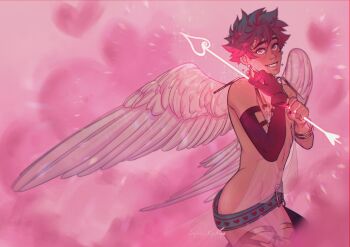 1boy absurdres angel arrow_(projectile) boku_no_hero_academia cupid green_hair heart heart_arrow highres looking_at_another male_focus midoriya_izuku nipples short_hair smile solo spacenipnops teeth thick_eyebrows wings