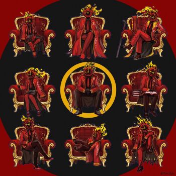 6+others armchair black_gloves black_pantyhose book boots chair clock coat coat_on_shoulders commentary dante_(limbus_company) dated_commentary english_commentary flaming_head flaw_eight gloves high_heels highres lapels limbus_company multiple_others notched_lapels object_head pants pantyhose project_moon red_boots red_coat red_pants red_pantyhose red_shoes shoes sitting