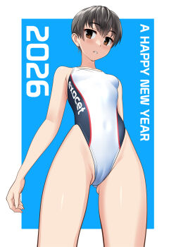 1girl 2026 absurdres black_hair blue_background brown_eyes commentary_request competition_swimsuit covered_navel from_below groin happy_new_year highleg highleg_one-piece_swimsuit highres looking_at_viewer new_year one-piece_swimsuit original parted_lips short_hair solo swimsuit takafumi two-tone_swimsuit white_one-piece_swimsuit