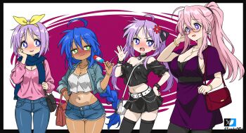 4girls :3 absurdres aged_up ahoge anger_vein bag between_breasts black_bag blue_hair blue_shorts blush breasts bright_pupils casual crop_top denim denim_shorts glasses green_eyes hair_ribbon handbag high_ponytail highres hiiragi_kagami hiiragi_tsukasa holding izumi_konata large_breasts long_hair lucky_star medium_breasts midriff mole mole_under_eye multiple_girls navel one-piece_tan open_mouth pink_hair ponytail purple_eyes purple_hair ribbon short_shorts shorts shoulder_bag siblings sisters skirt small_breasts smile strap_between_breasts t-works takara_miyuki tan tanline tsurime twins twintails