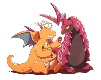 Rule 34 | antennae, bag, claws, closed eyes, colored skin, commentary request, dragon, dragonite, food, gen 1 pokemon, gen 5 pokemon, grin, highres, holding, holding bag, holding food, nintendo, orange skin, paper bag, pokemon, pokemon (creature), pokemon focus, scolipede, siestingtime, simple background, sitting, smile, teeth, white background, wings, yellow eyes