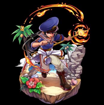 1boy anchor black_background black_hair blue_shirt boots brown_eyes closed_mouth clothes_around_waist cloud conch fire flaming_weapon flower full_body grey_boots hat highres holding holding_staff jacket jacket_around_waist leon_(merc_storia) long_hair merc_storia merc_storia_art_team official_art outstretched_arm palm_tree pants police_hat ponytail red_flower running sailor_collar shirt sidelocks simple_background solo staff standing tachi-e three-quarter_sleeves tree tsurime very_long_hair water weapon white_pants