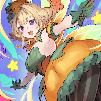 1girl ass black_leggings blonde_hair blush breasts dress fairy_wings fire_emblem fire_emblem_heroes flower gloves green_gloves leggings looking_at_viewer medium_breasts nintendo official_alternate_costume open_mouth orange_dress pantyhose peony_(fire_emblem) peony_(fruitful_dream)_(fire_emblem) peony_(halloween)_(fire_emblem) pumpkin_hat purple_eyes sakura_no_yoru sideboob smile solo striped_leggings teeth upper_teeth_only wings