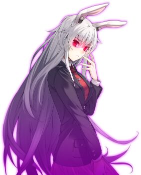 1girl animal_ears black_jacket collared_shirt eho_(icbm) frown game_cg glowing glowing_eye glowing_eyes grey_hair jacket labyrinth_of_touhou_(series) labyrinth_of_touhou_tri long_hair long_sleeves looking_at_viewer necktie non-web_source official_art open_mouth pink_skirt pleated_skirt possessed purple_theme rabbit_ears rabbit_girl red_necktie reisen_udongein_inaba shirt skirt solo touhou transparent_background very_long_hair white_shirt