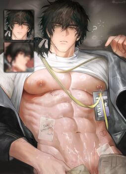 Rule 34 | 1boy, ?, bara, beard stubble, biting own lip, black hair, blur censor, body writing, brown pants, censored, closed eyes, closed mouth, clothes lift, commentary, cum, cum on body, cum on stomach, english text, enigma (reverse:1999), facial hair, fellatio, highres, id card, jacket, looking at viewer, male focus, medium hair, messy hair, nipples, oral, pants, pectorals, ponytail, reverse:1999, ribbon, shiny skin, shirt, shirt lift, short ponytail, sleeping, solo, sticker, stubble, upper body, uyouu19, white jacket, white ribbon, white shirt, yellow eyes