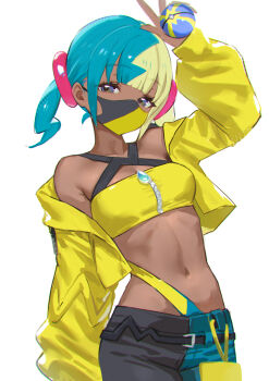 1girl adelie_cat aqua_hair arm_up armpit_crease blonde_hair blue_eyes breasts canari_(pokemon) cowboy_shot crop_top cropped_jacket dark-skinned_female dark_skin highres holding holding_poke_ball jacket looking_at_viewer mask mouth_mask multicolored_hair nintendo pants poke_ball pokemon pokemon_legends:_z-a revision short_twintails simple_background solo split-color_hair twintails two-tone_hair w white_background yellow_jacket