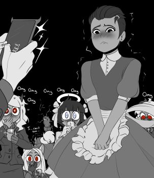 1boy 6+girls aged_down alternate_costume animal_ears apron azazel_(helltaker) black_background blush cerberus_(helltaker) crossdressing demon_horns dog_ears dress dress_shirt enmaided fingerless_gloves frown gloves haaru heart heart-shaped_pupils helltaker helltaker_(character) highres horns justice_(helltaker) long_hair lucifer_(helltaker) maid modeus_(helltaker) multiple_girls pandemonica_(helltaker) parted_bangs red_eyes shirt short_hair sparkle spot_color symbol-shaped_pupils tearing_up trembling waist_apron