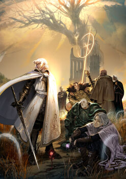Rule 34 | 2girls, 5boys, armor, armor under clothes, bald, black robe, blonde hair, braid, branch, cape, cloak, commentary, crossed arms, crown braid, dryleaf dane, elden ring, elden ring: shadow of the erdtree, english commentary, facial hair, flower, full armor, fur cape, gold armor, golden cross (elden ring), grass, greatsword, grey facial hair, grey hair, highres, holding, holding sword, holding weapon, hornsent (elden ring), knight, moore (elden ring), multiple boys, multiple girls, muscular, muscular female, needle knight leda, ornate, ornate armor, outdoors, pietro antognioni, redmane freyja, robe, short hair, sir ansbach, sitting, sky, squatting, standing, sword, thiollier (elden ring), tree, tunic, weapon, white cloak, white hair, white tunic, yellow sky