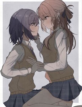 2girls blue_eyes blue_hair blue_necktie blue_skirt border braid brown_eyes brown_sweater_vest commentary half_up_braid hand_on_another&#039;s_cheek hand_on_another&#039;s_face highres long_hair long_sleeves medium_hair miyagi_shiori multiple_girls necktie on_lap outside_border plaid_clothes plaid_skirt pleated_skirt school_uniform sendai_hazuki shirt shuuniichido_classmate_wo_kau_hanashi sitting skirt sweater_vest touka127430 unmoving_pattern white_border white_shirt yuri