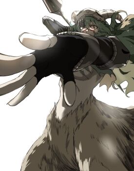 1girl arrancar bleach breasts brown_eyes centaur facial_mark green_hair hair_between_eyes hollow_(bleach) large_breasts long_hair looking_at_viewer mask midriff monster_girl navel nelliel_tu_odelschwanck nil_note0 resurreccion simple_background skull skull-shaped_hat skull_mask skull_on_head solo taur torn_clothes underboob white_background yellow_eyes