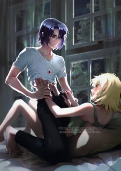 1boy 1girl absurdres barefoot bed_sheet black_pants blonde_hair blue_hair blush brown_eyes closed_mouth clothes_lift commentary_request couple crop_top foreplay gem green_eyes green_shirt gundam gundam_seed hair_between_eyes hand_on_another's_stomach hetero highres holding_another's_wrist holding_hands inhouhou jewelry medium_hair midriff necklace on_bed open_fly open_mouth pants parted_bangs pillow red_gemstone shirt shirt_lift short_hair signature smile straddling t-shirt twitter_username white_shirt window