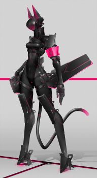 1girl absurdres android animal_ears armband black_leotard black_skin breasts cat_ears cat_girl cat_tail colored_skin digitigrade echanis_enicha faceless female_focus full_body glowing grey_background high_collar highres joints leotard no_eyes original robot robot_joints science_fiction small_breasts solo standing strap straps_across_chest tail