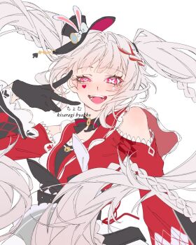 1girl animal_ears artist_name bare_shoulders bell black_bow black_bowtie black_gloves black_hat bow bowtie breasts butterfly-shaped_pupils colored_eyebrows commentary_request diamond_(shape) english_text gloves hand_up hat heart highres honkai:_star_rail honkai_(series) kisaragi_byakko long_hair looking_at_viewer open_mouth pink_eyes rabbit_ears simple_background sparkle_(honkai:_star_rail) sparxie_(honkai:_star_rail) standing symbol-shaped_pupils teeth top_hat translation_request twintails v very_long_hair white_background white_bow white_hair