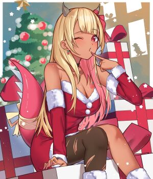 1girl black_choker black_thighhighs blonde_hair blush box breasts choker christmas_tree cleavage closed_mouth commentary_request commission detached_sleeves earrings gift gift_box highres horns jewelry looking_at_viewer one_eye_closed original red_eyes ringozeri santa_costume single_thighhigh sitting skeb_commission solo tail thighhighs torn_clothes torn_thighhighs