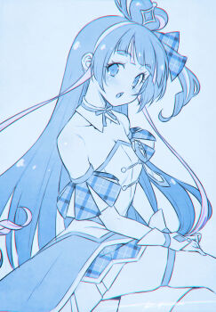 1girl :o aokaze_nana bare_shoulders blue_hair blue_theme breasts cleavage commentary_request cure_wink detached_collar detached_sleeves dress earrings fingerless_gloves gloves hair_bun hair_ribbon hairband heart_hair_bun highres jewelry kazuma_muramasa kimi_to_idol_precure long_hair looking_at_viewer magical_girl multicolored_hair neck_ribbon one_side_up open_mouth partially_colored pink_hair plaid_ribbon precure ribbon short_sleeves single_hair_bun skindentation small_breasts solo strapless strapless_dress streaked_hair thigh_strap two-tone_hair very_long_hair