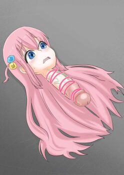 1girl blue_eyes bocchi_the_rock! censored dickneck gotoh_hitori grey_background hair_ornament lying on_back penis pink_hair qpmuma simple_background solo what