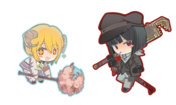 +_+ 2girls :d bandana black_gloves black_hair black_shoes black_vest blonde_hair blush_stickers brown_jacket chibi cigarette don_quixote_(project_moon) e.g.o_(project_moon) full_body fur_pants gloves highres holding holding_weapon horns jacket lantern_(e.g.o) limbus_company lobotomy_corporation_(identity)_(project_moon) long_sleeves looking_at_viewer multiple_girls open_mouth pants project_moon red_eyes ryoshu_(project_moon) sheep_horns shirt shoes short_hair simple_background single_blush_sticker smile smoking standing vest vgh3pncsgb22169 weapon white_background white_bandana white_pants white_shirt wool yurodiviye_(identity)_(project_moon)