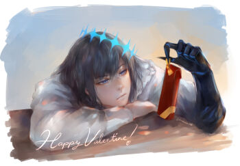 1boy arm_on_table blue_eyes closed_mouth commentary commentary_request english_commentary fate/grand_order fate_(series) gift happy_valentine holding holding_gift looking_at_object male_focus oberon_(fate) oberon_(third_ascension)_(fate) renrenka_noi shirt solo white_shirt