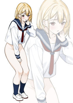 1girl blonde_hair blue_sailor_collar blue_socks bottomless commentary_request commission completely_nude convenient_arm double-parted_bangs full_body hand_up highres long_sleeves medium_hair neckerchief nude original parted_lips pixiv_commission red_neckerchief sailor_collar sailor_shirt school_uniform secret_dmain shirt shoes socks solo uwabaki white_background white_shirt white_shoes zoom_layer