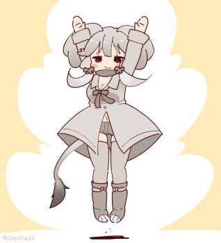 1girl african_forest_elephant_(kemono_friends) animal_ears arms_up boots brown_background coroha elephant_ears elephant_girl elephant_tail full_body grey_hair jacket jumping kemono_friends kemono_friends_3 long_hair looking_at_viewer ribbon scarf shorts simple_background solo tail thighhighs