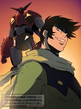 1boy arm_blade armor black_hair blue_bodysuit bodysuit commentary_request getter_1_(new_getter_robo) getter_robo glowing glowing_eye green_eyes green_scarf grin heterochromia highres looking_at_viewer male_focus mecha mecha_focus mecha_pilot_suit multicolored_armor multicolored_bodysuit nagare_ryoma new_getter_robo qing_(sankakuosushi) red_armor robot scarf short_hair sideburns smile super_robot two-tone_bodysuit upper_body weapon white_armor yellow_armor yellow_eyes