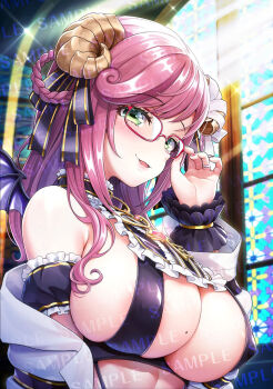 1girl bandaged_horn blush breasts broken_horn cleavage commentary_request glasses green_eyes highres horns indie_virtual_youtuber indoors large_breasts looking_at_viewer mole mole_on_breast natsume_minori_(vtuber) pink_hair red-framed_eyewear sample_watermark sheep_girl sheep_horns solo upper_body v-mag watermark