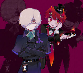 2boys :c albino andrew_kreiss ascot belt black_belt black_bow black_bowtie black_capelet black_coat black_gloves black_jacket bow bowtie burnt_clothes c: capelet coat colored_eyelashes cross_scar crossed_arms demon_horns flower frown gloves gold_trim green_ascot hair_over_one_eye hat horns hourglass identity_v iris_(flower) jacket looking_at_viewer looking_to_the_side makeup male_focus mini_hat mini_top_hat multiple_boys official_alternate_costume raised_eyebrows red_eyes red_hair runny_makeup scar scar_on_face shaded_face shirt short_hair smile stitched_mouth stitches tendenbarabara thick_eyebrows top_hat upper_body victor_grantz victor_grantz_(keyboard) white_eyelashes white_hair white_shirt