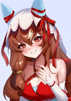 Rule 34 | 1girl, absurdres, animal ears, bare shoulders, blush, bow, breasts, brown hair, collarbone, detached sleeves, dress, ear covers, ear ribbon, gumae, hair between eyes, hair ornament, highres, horse ears, horse girl, long hair, looking at viewer, open mouth, red dress, red eyes, ribbon, smile, solo, still in love (scarlet vow raiment) (umamusume), still in love (umamusume), teeth, umamusume, upper body, veil, white streaks, white veil