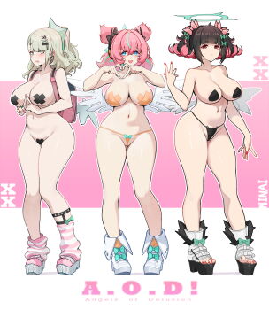 3girls absurdres alternate_breast_size_(larger) aria_(zenless_zone_zero) bare_shoulders black_hair black_panties blue_eyes blunt_bangs blush breasts cleavage full_body green_eyes green_hair hair_ornament hairclip halo highres large_breasts long_hair looking_at_viewer maebari medium_hair multicolored_hair multiple_girls nangong_yu navel ninai open_mouth panties pasties pink_hair red_eyes shoes side_ponytail smile socks sunna_(zenless_zone_zero) twintails underwear zenless_zone_zero