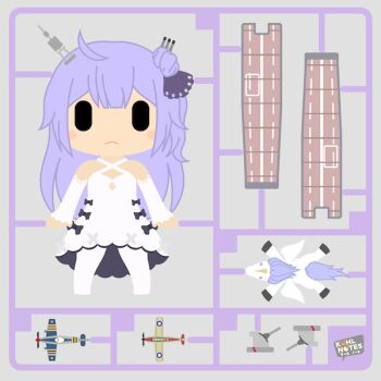 1girl aircraft aircraft_carrier airplane artist_logo artist_name azur_lane blunt_bangs chibi dress flight_deck hair_bun hair_ornament kuhl-notes logo long_hair military military_vehicle model model_kit model_ship pantyhose purple_hair rudder ship sprue stuffed_unicorn unicorn_(azur_lane) very_long_hair warship watercraft white_dress white_pantyhose