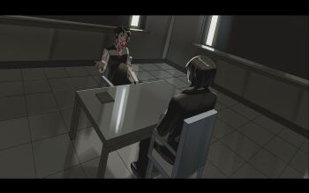 2girls absurdres black_vest bob_cut chair collared_shirt crossed_legs dutch_angle full_body hand_up head_tilt highres letterboxed looking_at_another ma_someru multiple_girls necktie original partially_colored pink_eyes pink_necktie reflective_floor shirt short_hair sitting smile table talking tile_floor tiles vest white_shirt