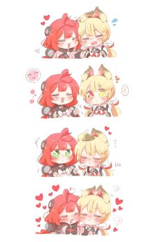 ... 2girls alice_thymefield animal_ear_fluff animal_ears black_gloves blonde_hair blush braid braided_twintails cardigan chest_bow closed_eyes closed_mouth commentary_request fingerless_gloves flying_sweatdrops gloves green_eyes hair_ornament hearing_aid heart heterochromia highres hug long_hair looking_at_another low_twintails motion_lines multiple_girls notice_lines open_mouth pink_cardigan rabbit_ears rabbit_girl rebecca_(keinelove) red_eyes red_hair shirt simple_background sphere_hair_ornament spoken_ellipsis spoken_expression sweat twintails ukinami_yuzuha white_background white_shirt yellow_eyes yuri zenless_zone_zero