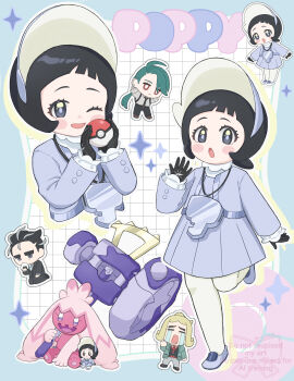 2boys 2girls :o absurdres black_gloves blush_stickers bright_pupils character_name commentary_request dress eyelashes gloves grey_dress grey_jacket grey_shoes hand_up hassel_(pokemon) highres holding holding_poke_ball jacket knees_together_feet_apart larry_(pokemon) leg_up long_sleeves multiple_boys multiple_girls muraue00 nintendo pantyhose pleated_dress poke_ball pokemon pokemon_(creature) pokemon_sv poppy_(pokemon) rika_(pokemon) shoes sobbing sparkle tinkaton watermark