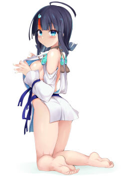 Rule 34 | 1girl, absurdres, ass, back, bare shoulders, barefoot, black hair, blue eyes, blue ribbon, blush, breasts, commentary request, dress, fate/grand order, fate (series), hair ornament, highres, jewelry, kneeling, large breasts, long sleeves, looking at viewer, looking back, magatama, magatama hair ornament, magatama necklace, medium hair, multicolored hair, necklace, pelvic curtain, pink hair, puffy long sleeves, puffy sleeves, ribbon, seigaiha, sen (astronomy), short dress, sideboob, sideless outfit, sidelocks, solo, streaked hair, utsumi erice, utsumi erice (lancer), white dress