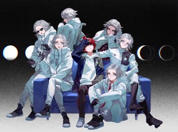 6+boys absurdres ahoge aotsuki_eito black_background black_gloves black_pants black_shoes blue_eyes commentary_request fug_uai gloves gradient_background grey_jacket head_rest highres holding holding_lead_pipe holding_syringe hood hoodie jacket lead_pipe leash looking_up male_focus multiple_boys pants red_hair shading_eyes shoes spoilers sumino_takumi sunglasses syringe the_hundred_line_-last_defense_academy- upper_body white_hoodie white_jacket