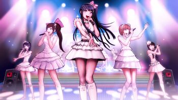 5girls aoba_satomi black_hair bow breasts brown_hair cleavage danganronpa:_trigger_happy_havoc danganronpa_(series) dress game_cg hair_bow hair_ornament hairband hairclip haneyama_ayaka holding holding_microphone komatsuzaki_rui maizono_sayaka microphone midriff multiple_girls official_art open_mouth pink_bow pink_eyes purple_eyes skirt speaker stage stage_lights third-party_source white_bow