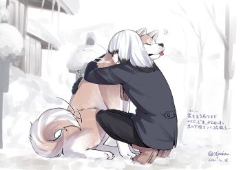 Rule 34 | 1girl, animal, animal hug, black coat, black gloves, black pants, blunt bangs, boots, brown boots, brown scarf, closed eyes, coat, colored tips, commentary request, dated, dog, from side, full body, gloves, highres, jouhou, long sleeves, medium hair, multicolored hair, open mouth, outdoors, pants, satsuki yomi, scarf, shiba inu, snow, solo, squatting, tail, toji no miko, translation request, twitter username, white hair, winter