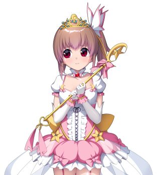 1girl bow breasts brown_hair choker closed_mouth cowboy_shot dress elbow_gloves frilled_dress frills game_cg garter_straps gloves gradient_hair hair_ornament highres holding holding_wand jewelry large_variant_set looking_to_the_side lunatic_angel magical_girl multicolored_hair nanao_(mahaya) non-web_source ochite_iku_seisenshi_lunatic_angels official_art pink_bow pink_dress pink_hair pink_thighhighs puffy_short_sleeves puffy_sleeves red_eyes shindou_makina short_sleeves side_ponytail simple_background solo standing thighhighs tiara transparent_background variant_set wand white_gloves white_thighhighs zettai_ryouiki