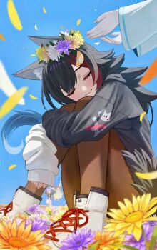 4girls absurdres animal_ear_fluff animal_ears black_hair black_hoodie black_pantyhose blue_sky blurry closed_eyes closed_mouth commentary_request daisy_(flower) depth_of_field falling_petals field flipped_hair flower flower_field flower_wreath hair_ornament hairclip head_wreath high_tops highres hololive hood hoodie hugging_own_legs inugami_korone inugami_korone_(1st_costume) jumping knees_up long_hair long_sleeves multicolored_hair multiple_girls nattoushouyu3 nekomata_okayu nekomata_okayu_(1st_costume) official_alternate_costume ookami_mio ookami_mio_(hoodie) pantyhose petals print_hoodie red_hair shirakami_fubuki shirakami_fubuki_(1st_costume) shoes sitting sky sleeping sleeves_past_wrists sneakers solo_focus spiked_hair streaked_hair swept_bangs tail two-tone_hoodie very_long_hair virtual_youtuber white_footwear white_hair white_hoodie wolf_ears wolf_girl wolf_tail