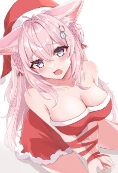 1girl alternate_costume animal_ear_fluff animal_ears antenna_hair breasts cleavage commentary commentary_request dress fur-trimmed_dress fur-trimmed_headwear fur_trim hakui_koyori hat highres hololive large_breasts long_hair looking_at_viewer open_mouth purple_eyes red_hat santa_costume santa_dress santa_hat shinonome_shino_(artist) very_long_hair virtual_youtuber white_background wolf_ears wolf_girl