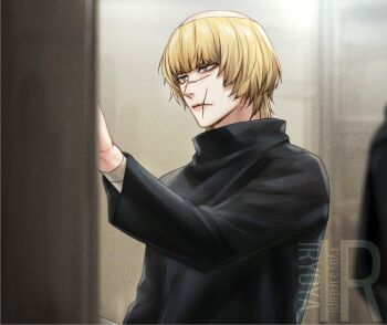 Rule 34 | 1boy, artist logo, badeni, black tabard, blonde hair, blue eyes, chi.: chikyuu no undou ni tsuite, commentary request, high collar, iorbtyn, logo, male focus, medium hair, scar, scar on face, scar on mouth, scar on nose, solo, tabard, tonsure, upper body