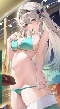 1girl aqua_bikini aqua_nails aqua_thighhighs bikini black_hairband blue_eyes blue_pupils blush breasts commentary_request cowboy_shot firefly_(honkai:_star_rail) grey_hair hairband highres hino_kagutsuki honkai:_star_rail honkai_(series) indoors large_breasts long_hair looking_at_viewer navel o-ring o-ring_top solo stomach swimsuit thighhighs undressing
